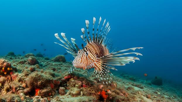 A red lionfish with striped fins spread, hovering over a reef