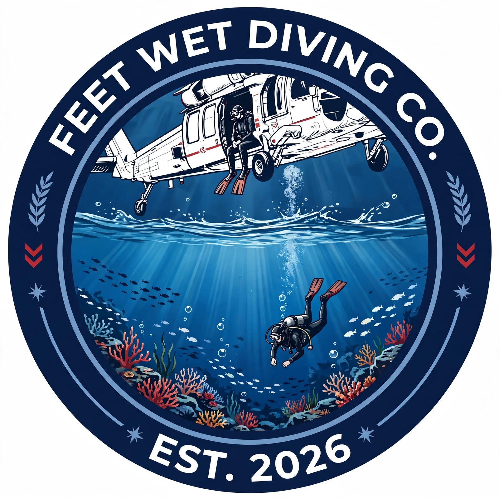 Feet Wet Diving Co. badge — an H-60 helicopter with a diver at the open door above the waterline, and a reef scene below