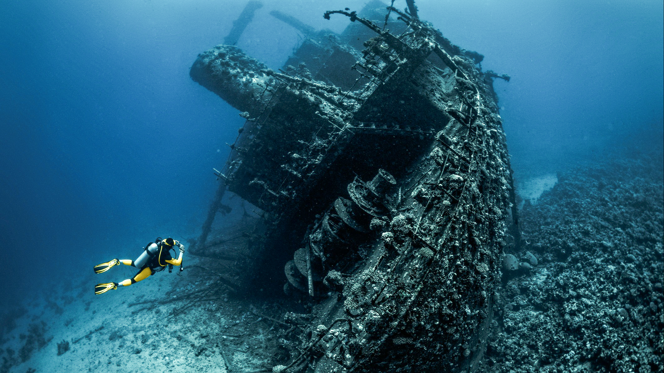 A diver in a yellow wetsuit exploring a large coral-covered shipwreck